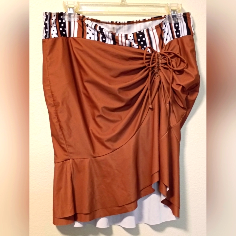 Rose Gal Swim Skirt Bottom All In one Size 1X Brown Drawstring Front Detail